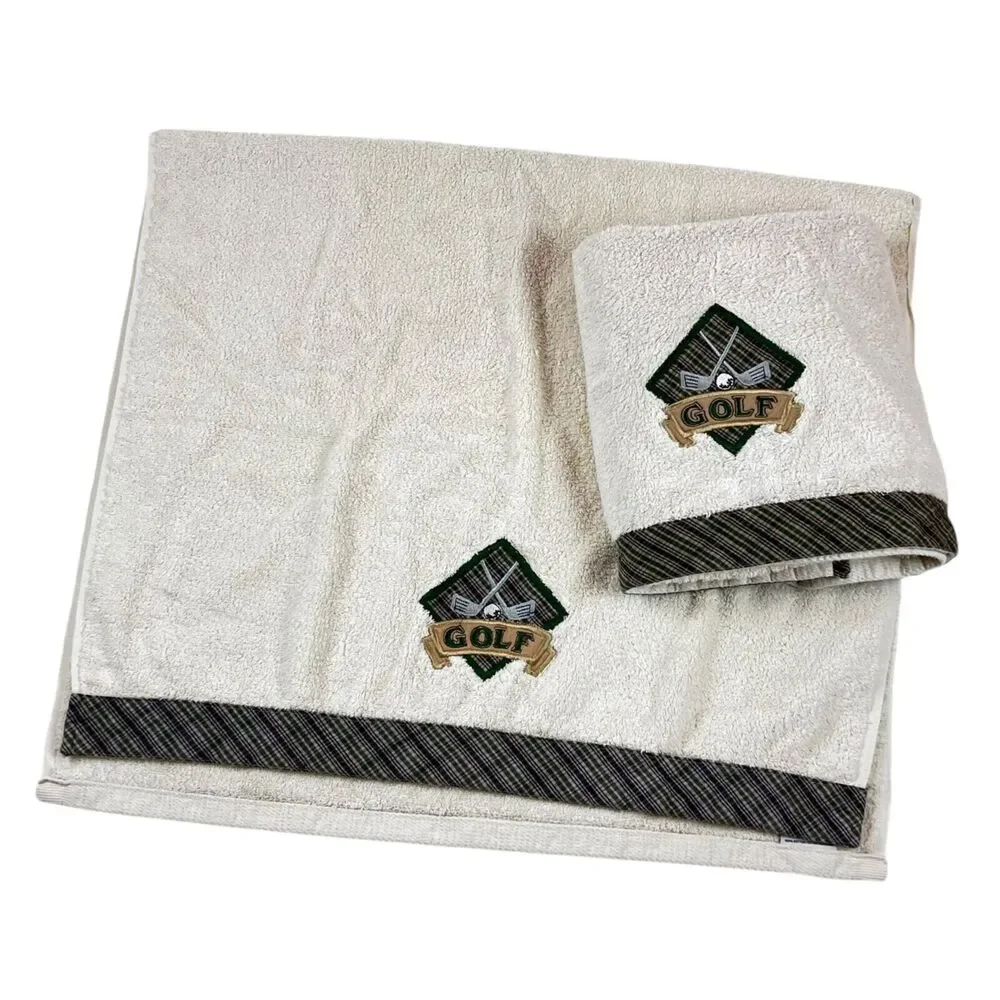 2 Millennium by 1888 Mills Golf Bath Towels Cotton 46x27 Fluffy Plaid Embroider